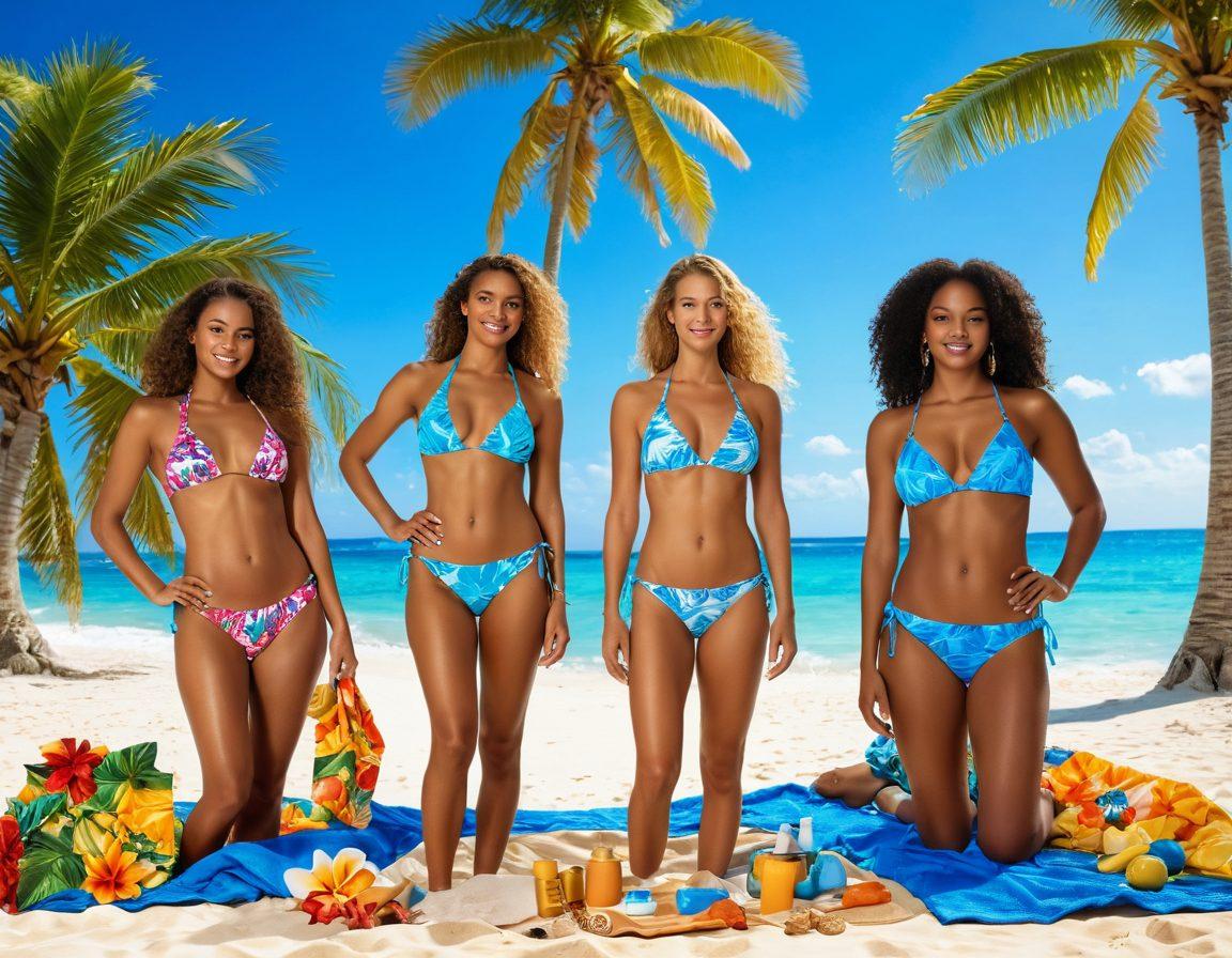 A sun-kissed beach scene showcasing diverse women modeling the latest bikini styles, basking in the golden sunlight, with vibrant tropical flora in the background. Include beauty products scattered on a sandy towel, emphasizing radiant skin. The ambiance should evoke a sense of summer fun and relaxation. super-realistic. vibrant colors. bright blue sky.