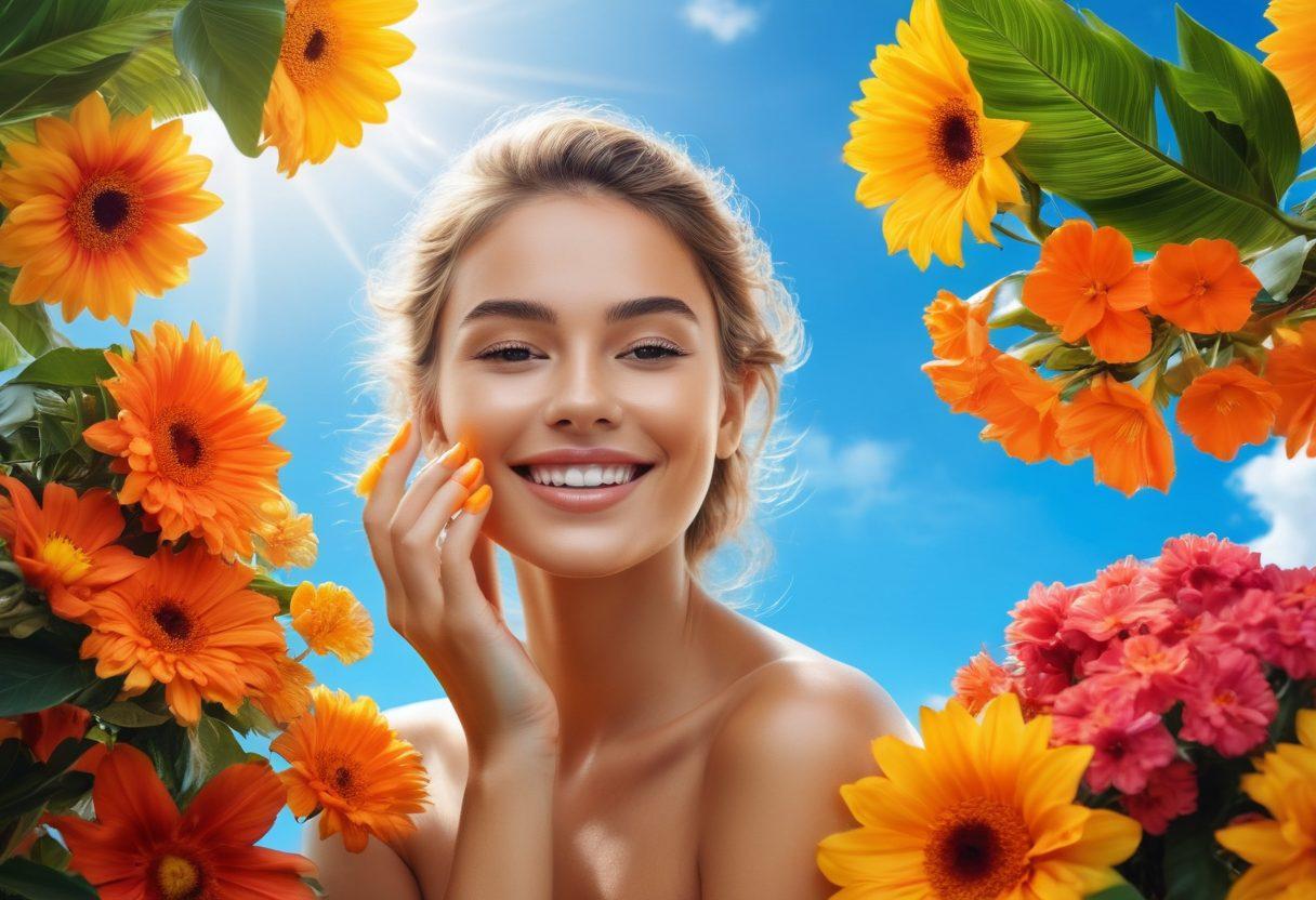 A sun-kissed model with glowing skin, surrounded by vibrant summer flowers, applying sunscreen with a radiant smile. Include elements like tropical fruits and beauty products artfully arranged around her. The background is a bright blue sky with fluffy clouds, reflecting the essence of summer. super-realistic. vibrant colors. white background.